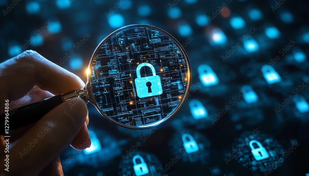 Aufkleber Business information security, system engineer analyzing padlock icons with magnifying glass, securing digital systems and internet networks from vulnerabilities