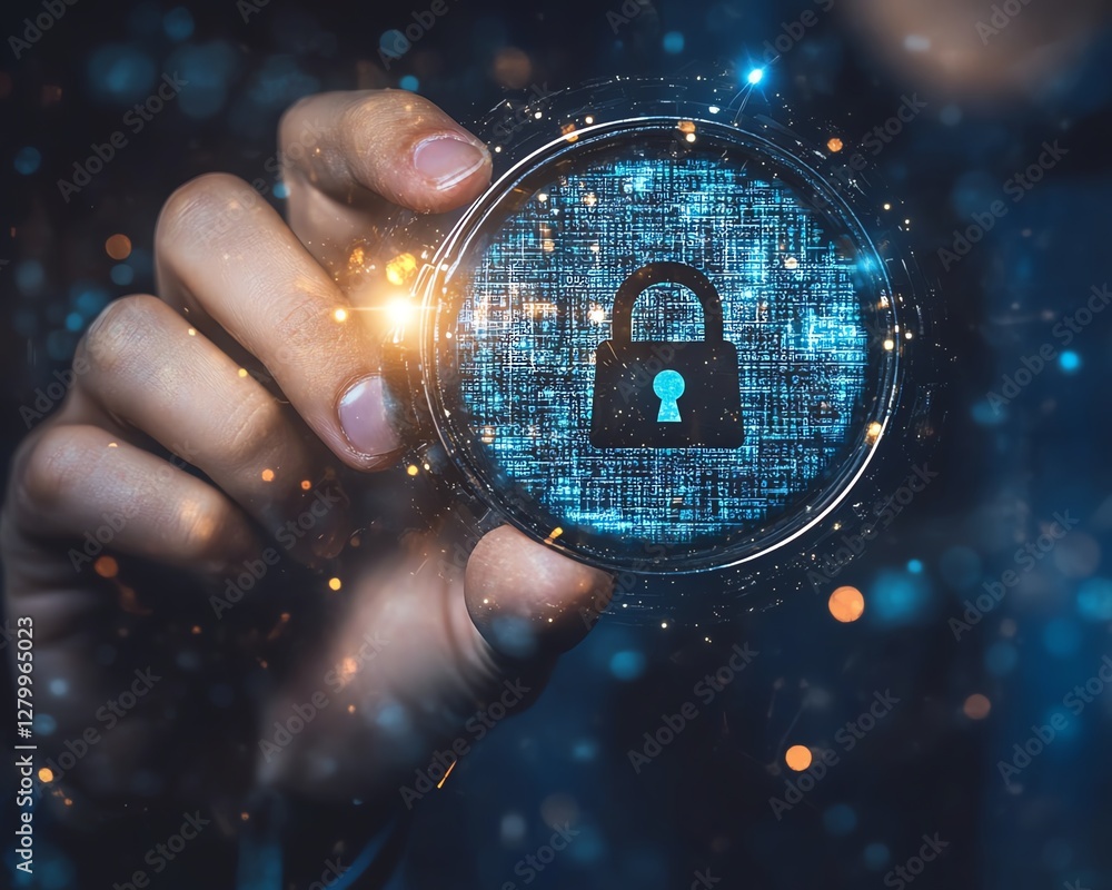 Poster Business information security, system engineer analyzing padlock icons with magnifying glass, securing digital systems and internet networks from vulnerabilities