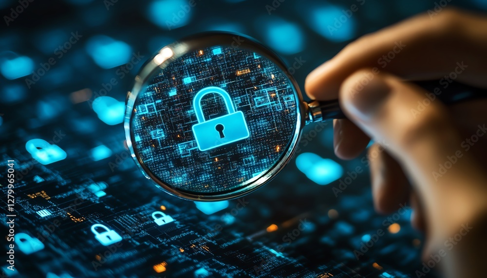 Aufkleber Business information security, system engineer analyzing padlock icons with magnifying glass, securing digital systems and internet networks from vulnerabilities