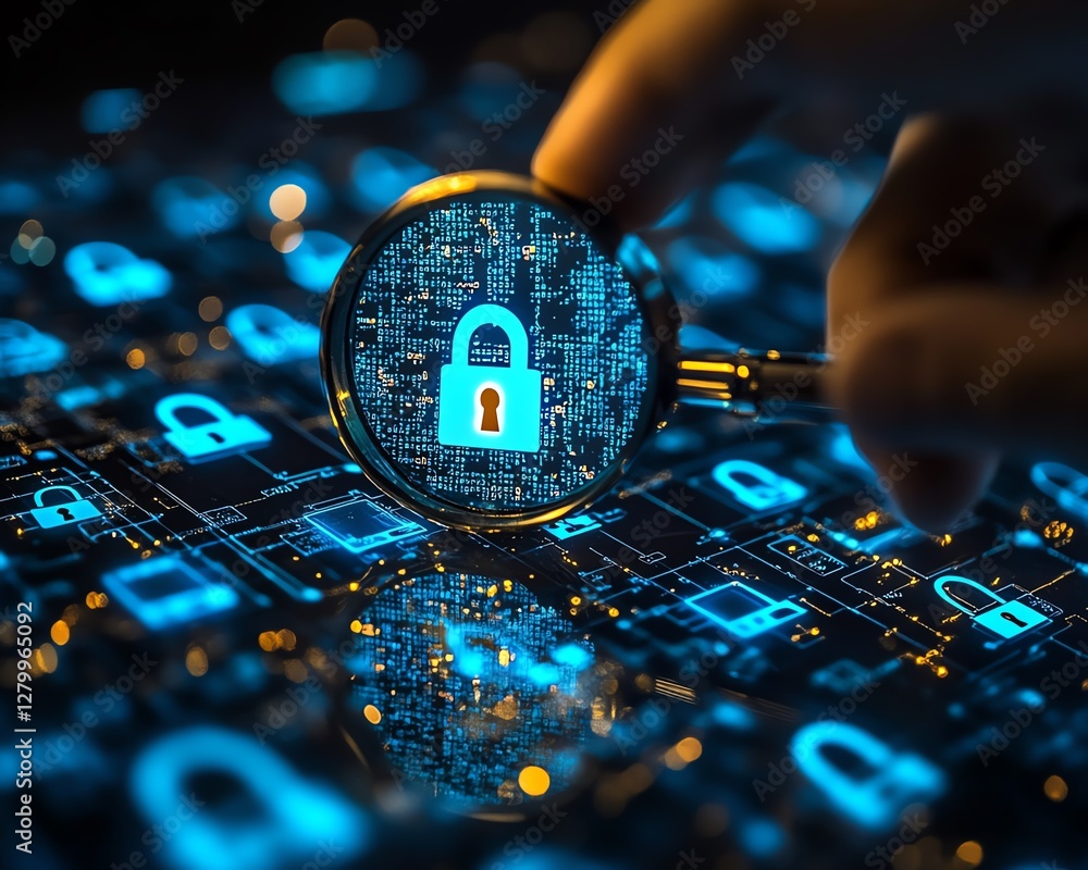 Poster Business information security, system engineer analyzing padlock icons with magnifying glass, securing digital systems and internet networks from vulnerabilities