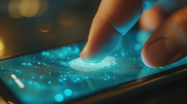 Finger scanning on a smartphone screen at night.