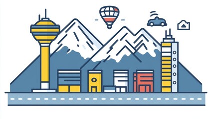 Obraz premium Colorful urban landscape vector illustration with mountains tower buildings and transport showcasing city living and architectural designs