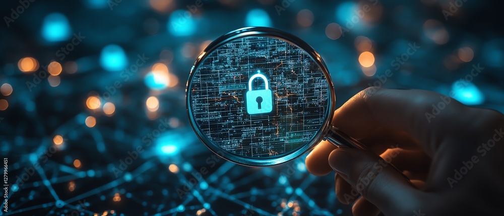 Poster Cybersecurity in business, system engineer analyzing padlock icons with magnifying glass, securing digital networks and information systems