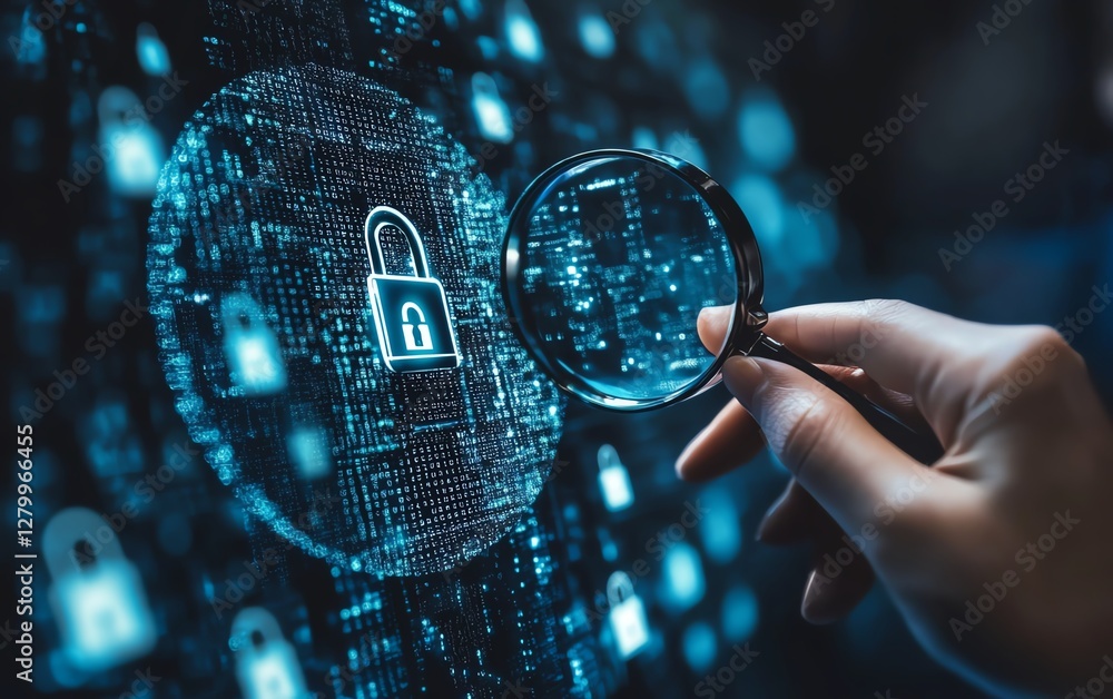 Poster Cybersecurity and information protection, system engineer analyzing padlock icons with magnifying glass, securing business networks and digital systems