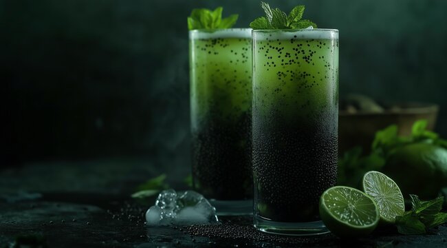 Refreshing Summer Elixir: A vibrant, refreshing beverage with a layered gradient of colors is presented in sleek glassware, garnished with fresh mint and a hint of lime.