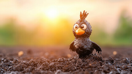 Obraz premium Environmental crisis. Bird figure made of soil standing on the ground at sunset.