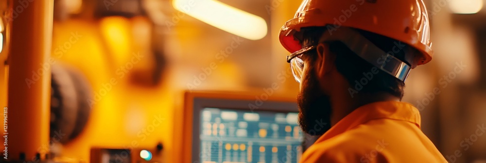 Poster Industrial engineer wearing protective workwear and hardhat using computer to monitor production process in heavy industry factory, ensuring smooth operation and high productivity