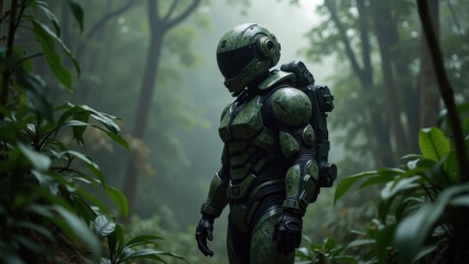Naklejka premium Camo Astronaut in Jungle; Sci-Fi Concept - Sci-Fi/Fantasy