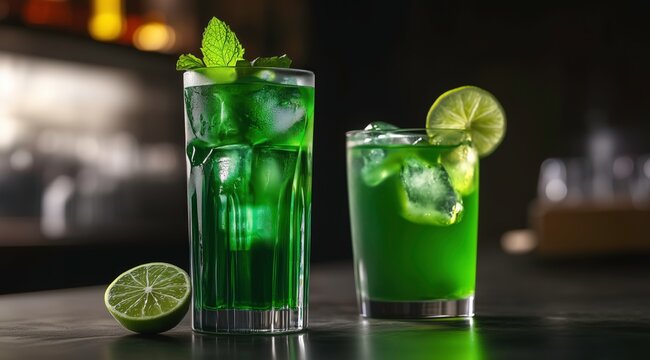 Emerald Elixir: Two vibrant green cocktails, adorned with fresh mint and lime, stand poised on a sleek bar, inviting you to experience their refreshing allure.