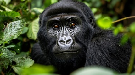 Obraz premium Closeup Portrait of a Powerful Black Gorilla Amid Lush Green Foliage