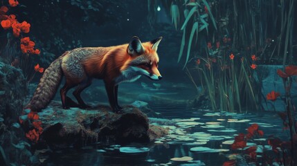 Red Fox by a Dark Forest Pond at Night