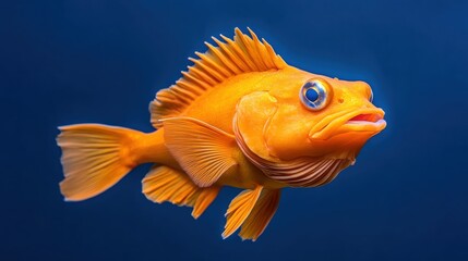 A vibrant orange fish swims gracefully against a deep blue background, showcasing its unique features and colorful scales.