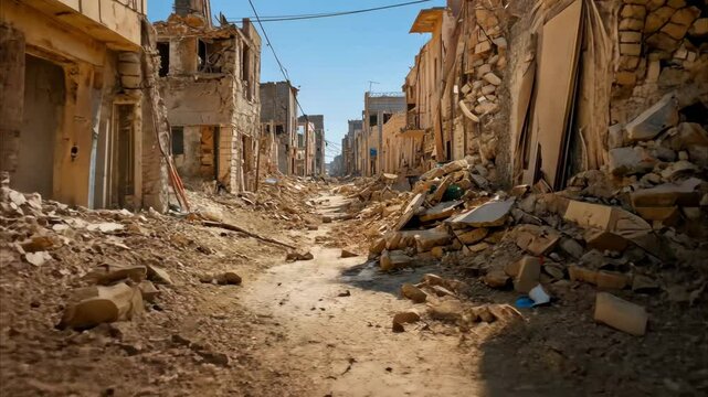 Desolate street landscape in war torn area, showcasing rubble, debris, and destruction of buildings, evoking loss and abandonment.