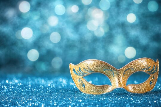 Golden masquerade mask on blue glitter. Perfect for party invitations, carnival, or masquerade ball themes.