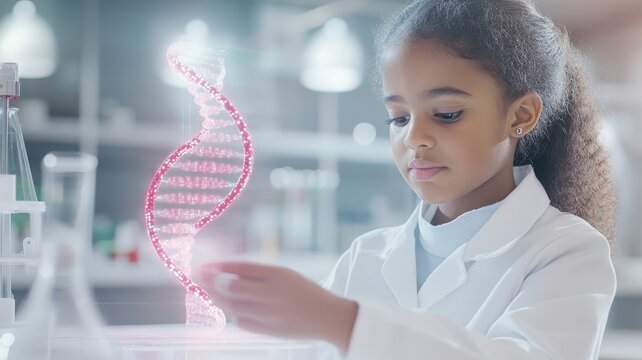 Young African American girl exploring holographic DNA sequence in futuristic laboratory for genetic science education and research.
