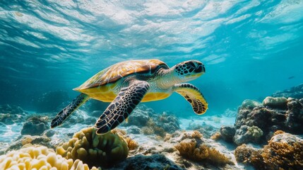 Obraz premium Sea Turtle Swimming in Vibrant Coral Reef Underwater