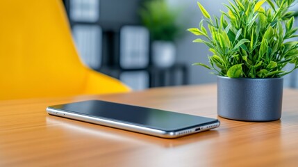 Modern smartphone resting on wooden table next to decorative plant