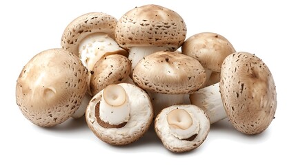 Fresh brown mushrooms pile on white background