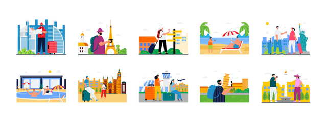Fototapeta premium Trip and Vacation set illustration. Flat vector illustration concept.