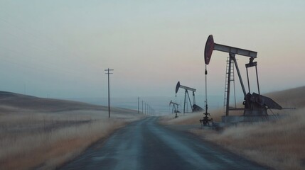 Naklejka premium Nodding donkey pumps extracting fossil fuel alongside a country road, with power lines stretching across a hazy landscape at sunset, creating a striking industrial scene