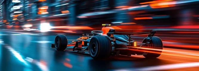 Selbstklebende Fototapeten Formula 1 motor sport race car driver at high speed performance motion blur speed racing track in vibrant red colors. Generative AI  © Creation    Art
