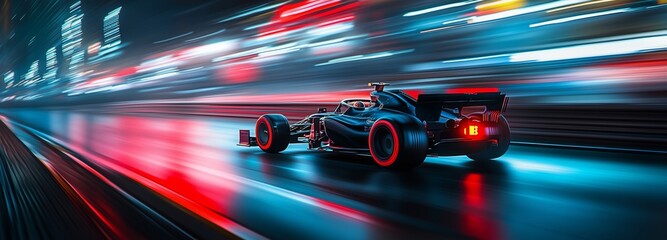 Formula 1 motor sport race car driver at high speed performance motion blur speed racing track in vibrant red colors. Generative AI

