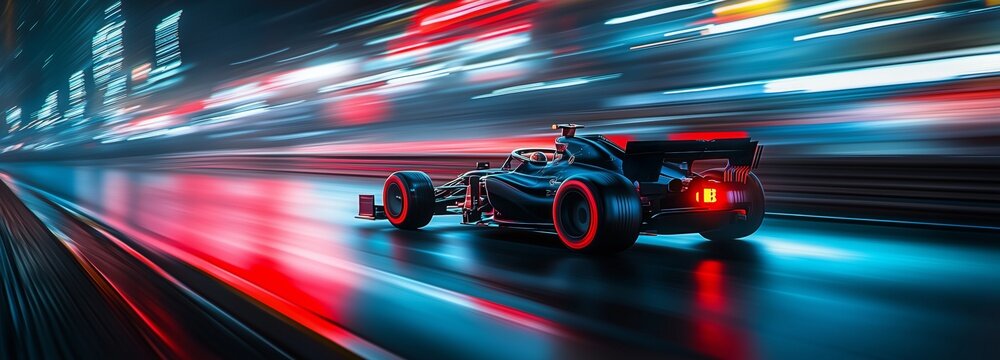 Formula 1 motor sport race car driver at high speed performance motion blur speed racing track in vibrant red colors. Generative AI
