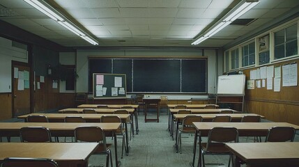Traditional school classroom with a row of desks facing a chalkboard, no people, copy space.