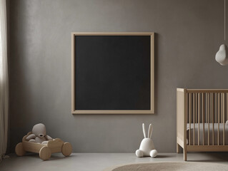 Modern Nursery Room with Wooden Crib, Blackboard with Wooden Frame, Plush Toy Rabbit, and Wooden Toy Car in Neutral Color Palette