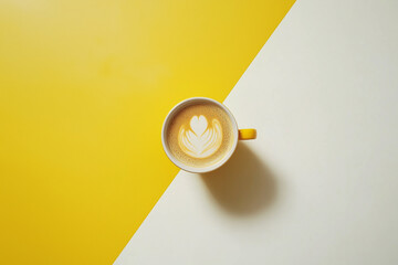 Yellow Cup with Beverage on Minimalistic White and Yellow Background, Casting a Shadow
