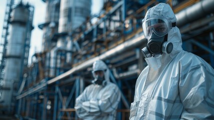 Two workers dressed in white protective suits and masks stand at an industrial site. They are surrounded by massive machinery and pipes, working diligently under the clear sky.