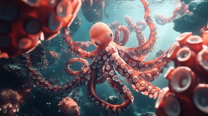 Red Octopus in Vibrant Coral Reef Underwater