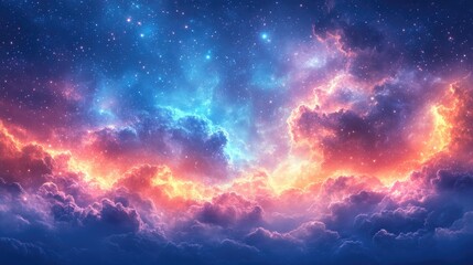 Fototapeta premium Celestial cloudscape, fiery nebula, night sky, cosmic fantasy, background art