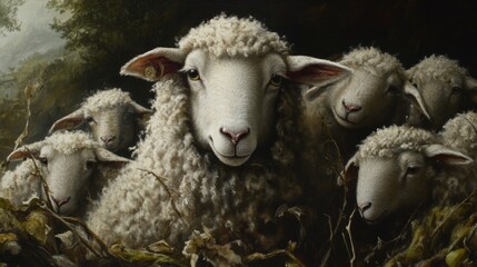 Closeup of a Fluffy White Sheep and Lambs in a Dark Setting