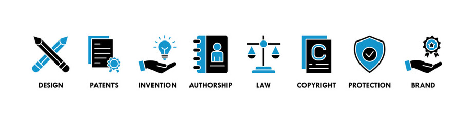 Intellectual property banner web icon vector illustration concept for trademark with icon of design, patents, invention, authorship, law, copyright, protection, and brand