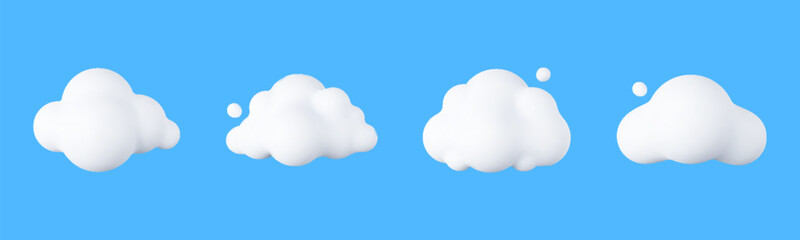 3D Cartoon Clouds. Soft, Puffy Cumulus Shapes in a Playful Style. White, Rounded, and Fluffy Rendered Elements, Perfect for Weather Icons, Cloudscapes, and Cute Meteorology Graphics.