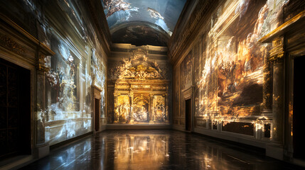 Obraz premium of classic Renaissance frescoes and digital holographic projections overlaying the ancient artwork 