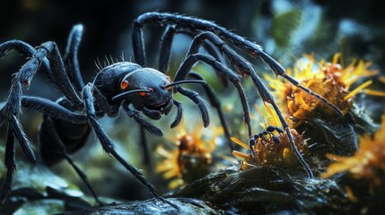 Closeup of a Black Anthropomorphic Spider near Yellow Flowers