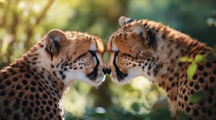 Obraz premium Two Cheetahs Close Up Portrait in Lush Green Natural Habitat