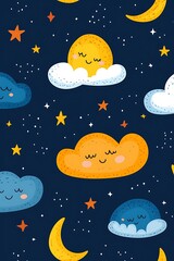 Cute clouds, moon, and stars pattern, night sky