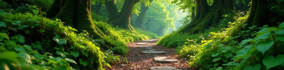 Fototapeta premium Overgrown vintage path alongside lush forest, moss-covered stones, scenery, tranquil, wilderness