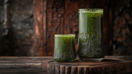 Refreshing Green Drink: A captivating close-up showcases a tall glass and a smaller glass filled with a vibrant green drink, placed on a wooden surface, suggesting a healthy and invigorating beverage.