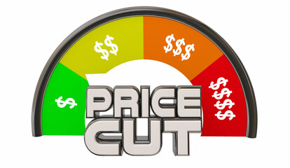 Price Cut Level High to Low Cost Money Savings Gauge 3d Illustration