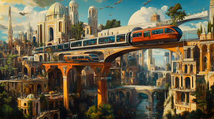 Obraz premium oil painting of a Renaissance city, seamlessly blending with futuristic AI-powered transportation 