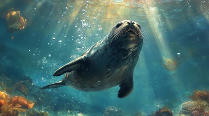 Fototapeta premium Underwater Seal in Sunlit Ocean Water