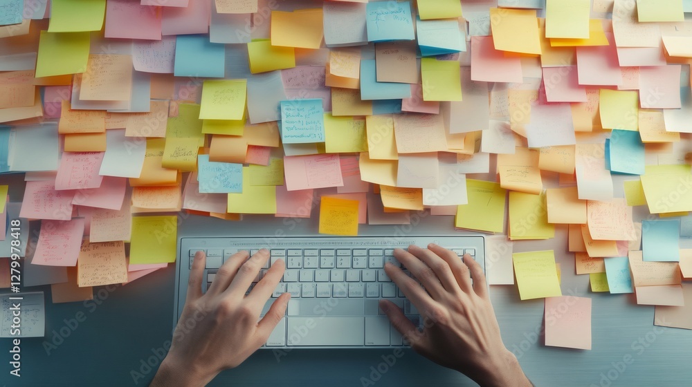 Poster Hands typing on a keyboard surrounded by a chaotic wall of colorful sticky notes, symbolizing the stress and pressure of multitasking and time management in a busy work environment