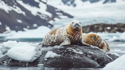 Fototapeta premium Spotted Seals Resting on Icy Rock in Arctic Landscape