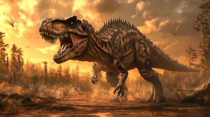 Roaring Tyrannosaurus Rex at Sunset in Prehistoric Landscape