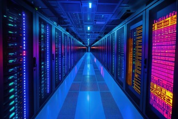 Fototapeta premium Vibrant server room with glowing racks. Illustrates data centers, technology, and digital infrastructure.