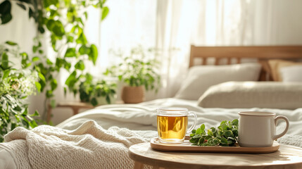 Cozy bedroom with tea and plants on wooden tray
